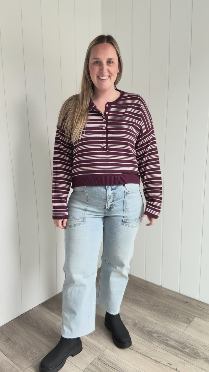 Merrit Stripe Henley Sweater- DARK CHERRY