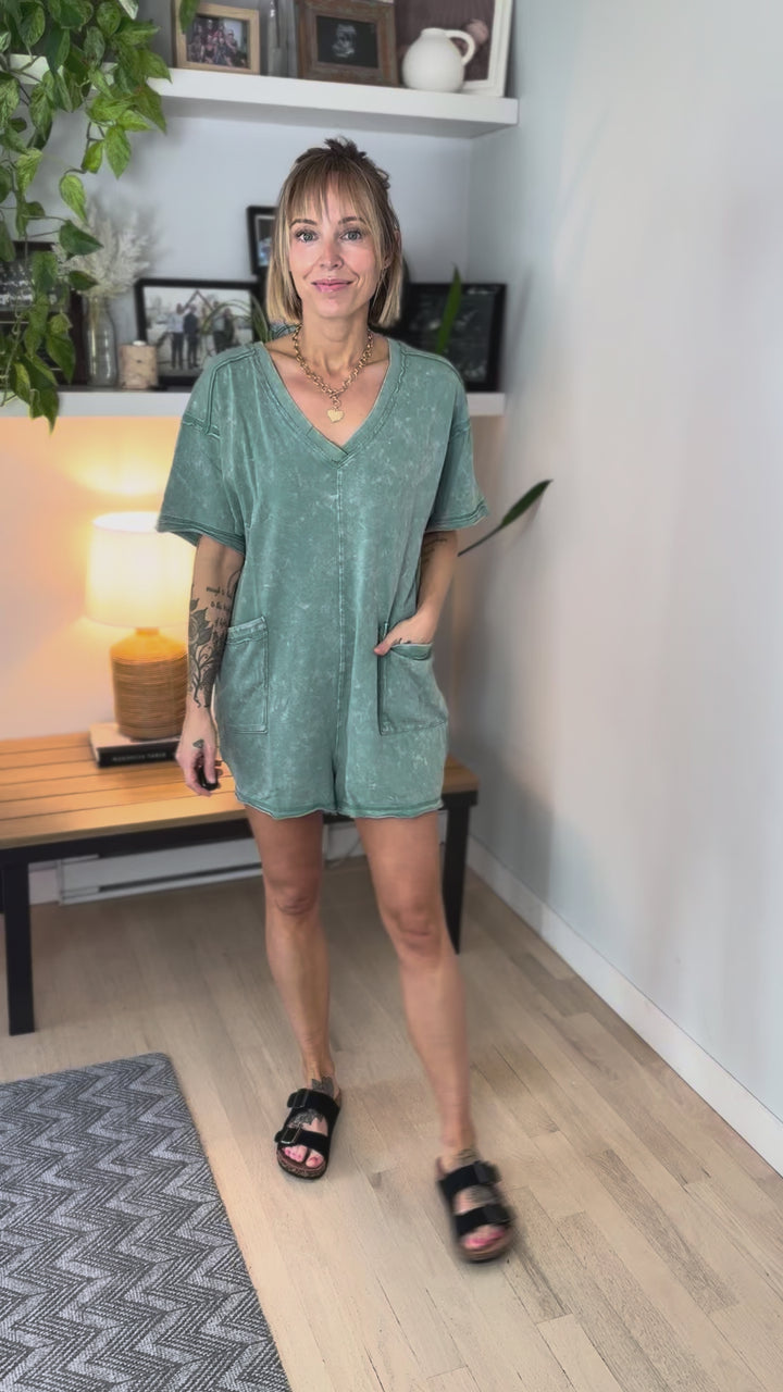 Katrina Washed Cotton Reversible Romper- SAGE