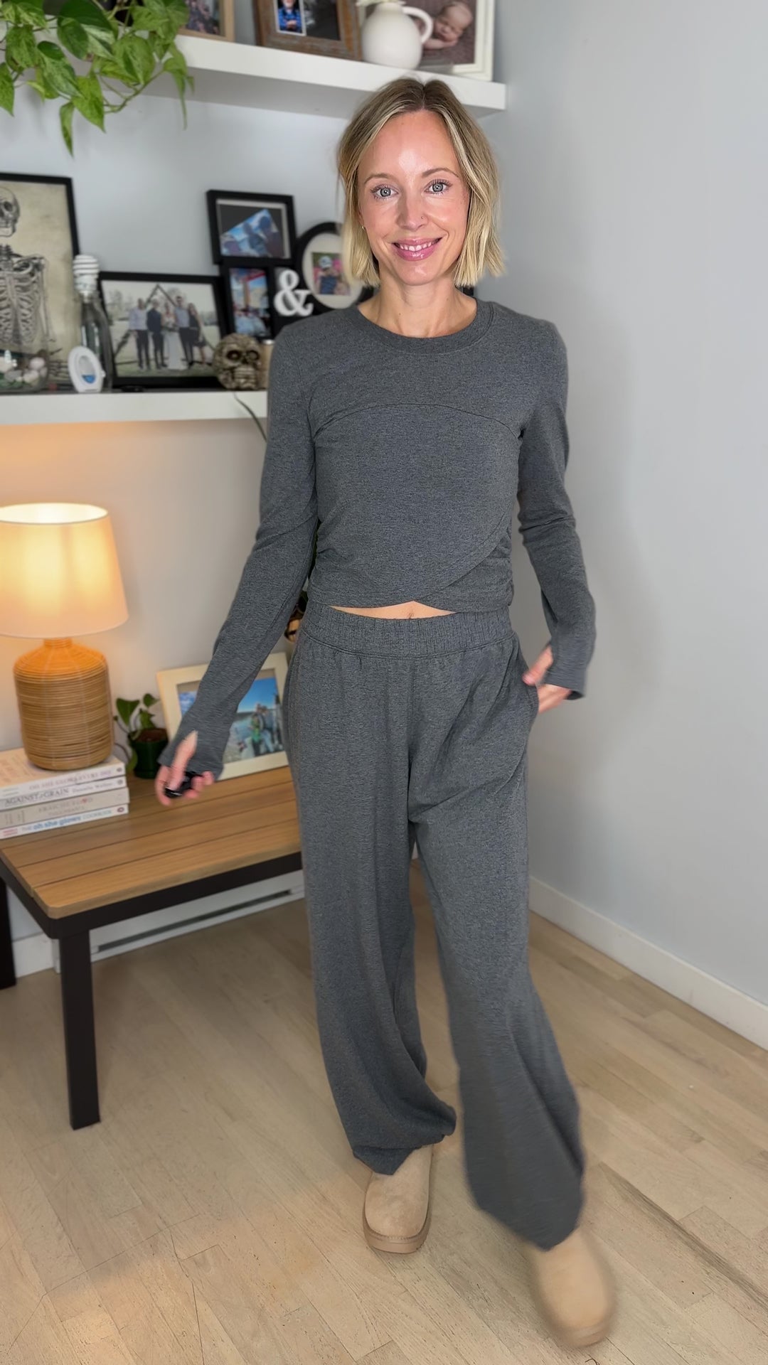 Mari Stretch Cotton Long Sleeve Crossover Set- HTHR CHARCOAL