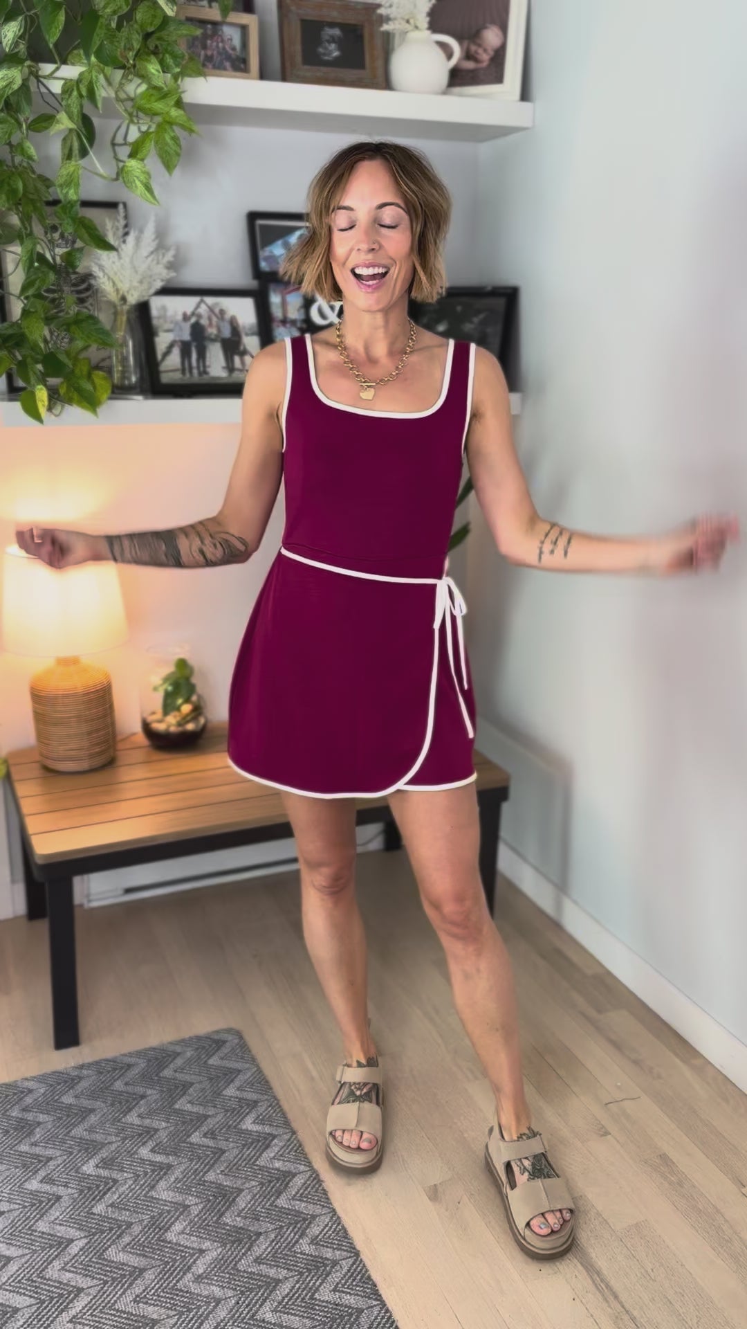 Kimmy Tie Waist Romper Dress- WINE