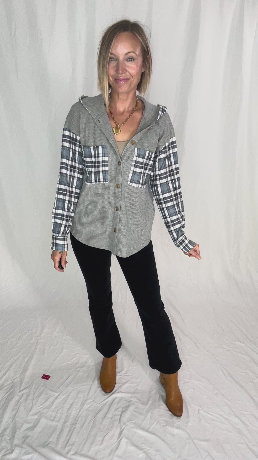 Idan Plaid Waffle Jacket- GREY