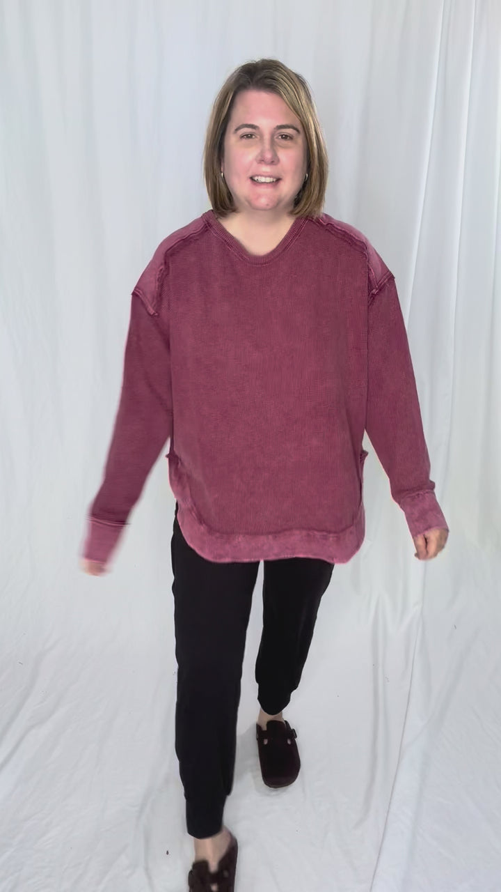 Jenna Long Sleeve Waffle Pullover- BURGUNDY