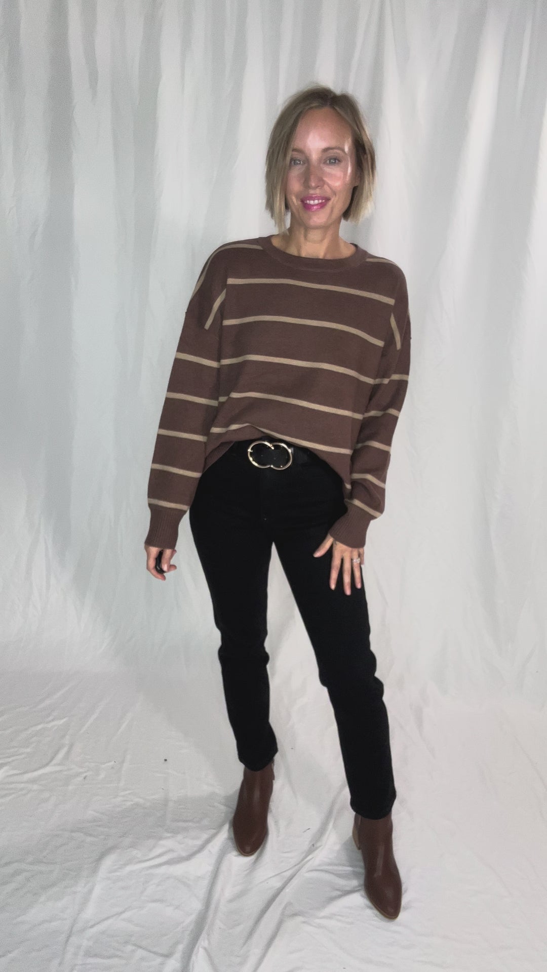 Fiora Striped Sweater With Drop Shoulder- CHOCOLATE