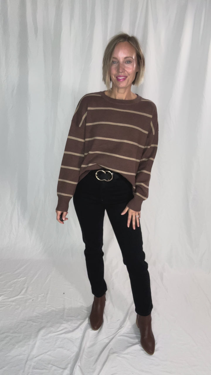 Fiora Striped Sweater With Drop Shoulder- CHOCOLATE