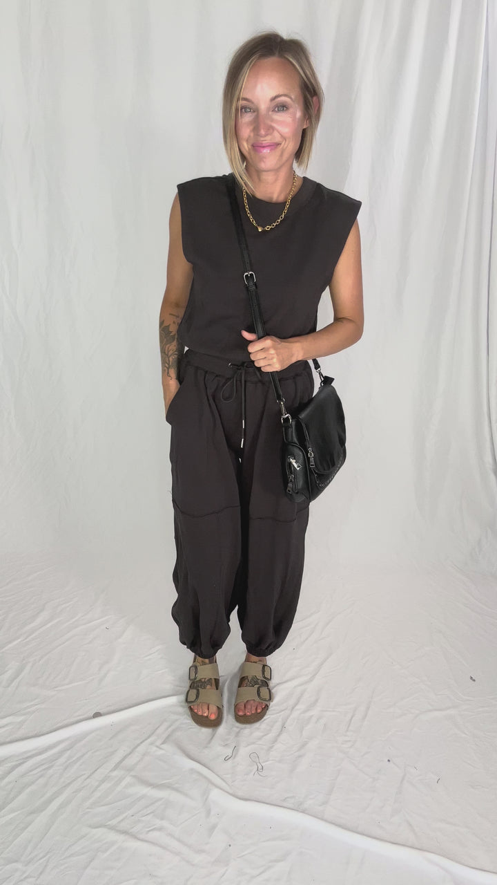 Lisa Drawstring Waist Knit Active Jumpsuit- ASH