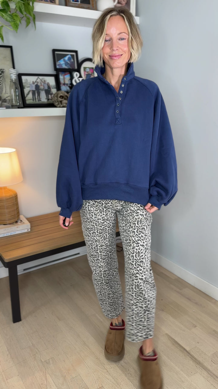 Ivory Fleece Snap Button Pullover- NAVY