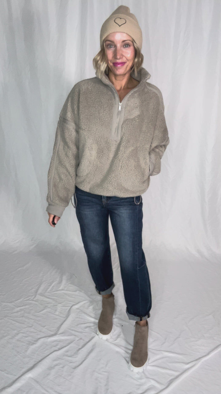Tundra Mock Neck 1/2 Zip Sherpa Jacket- STONE TAUPE