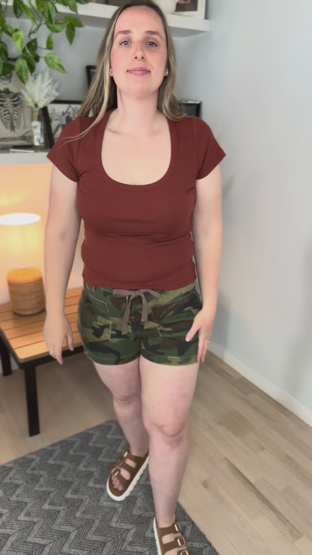 Risen Larissa Slouchy Camo Print Patch Pocket Shorts- CAMO
