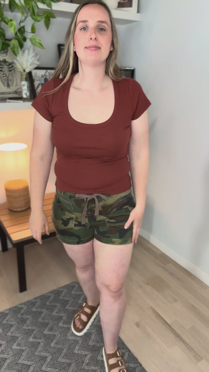 Risen Larissa Slouchy Camo Print Patch Pocket Shorts- CAMO