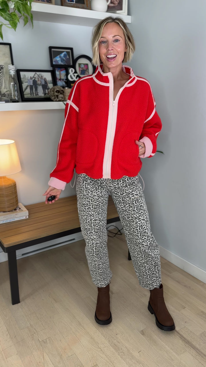 Christina Full Zip Sherpa Fleece Jacket- CARROT RED
