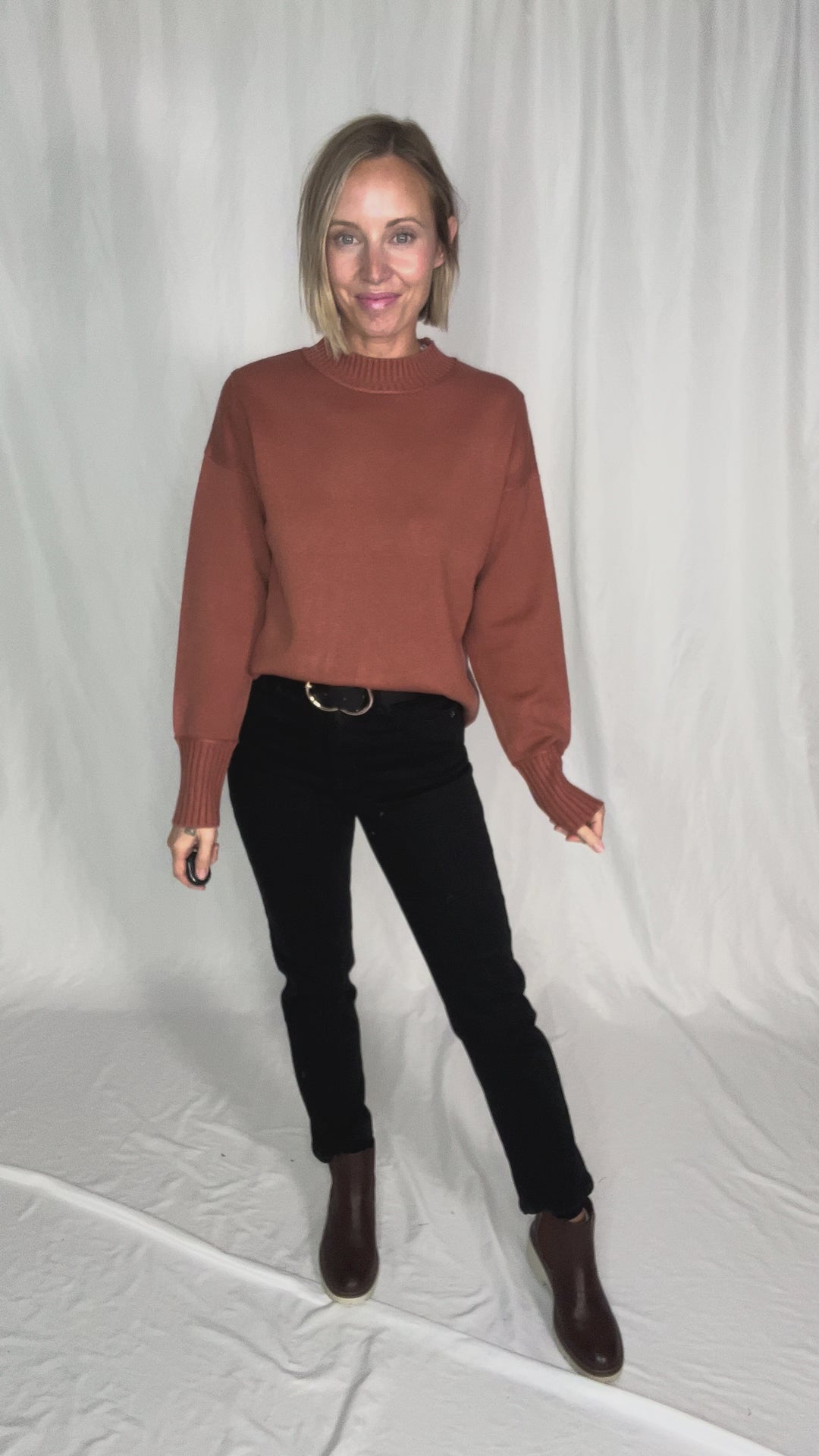 Kyra Mock Neck Long Sleeve Pullover With Side Slits- COPPER