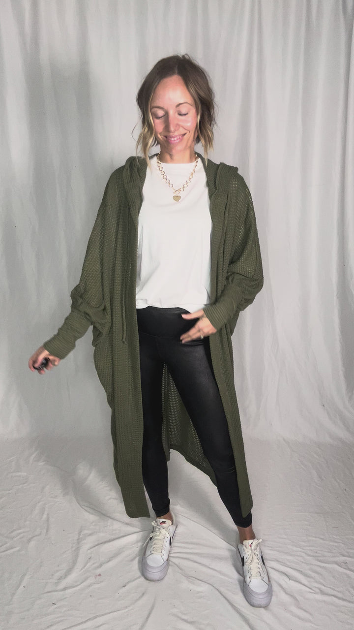Myah Waffle Duster Cardigan- DARK OLIVE
