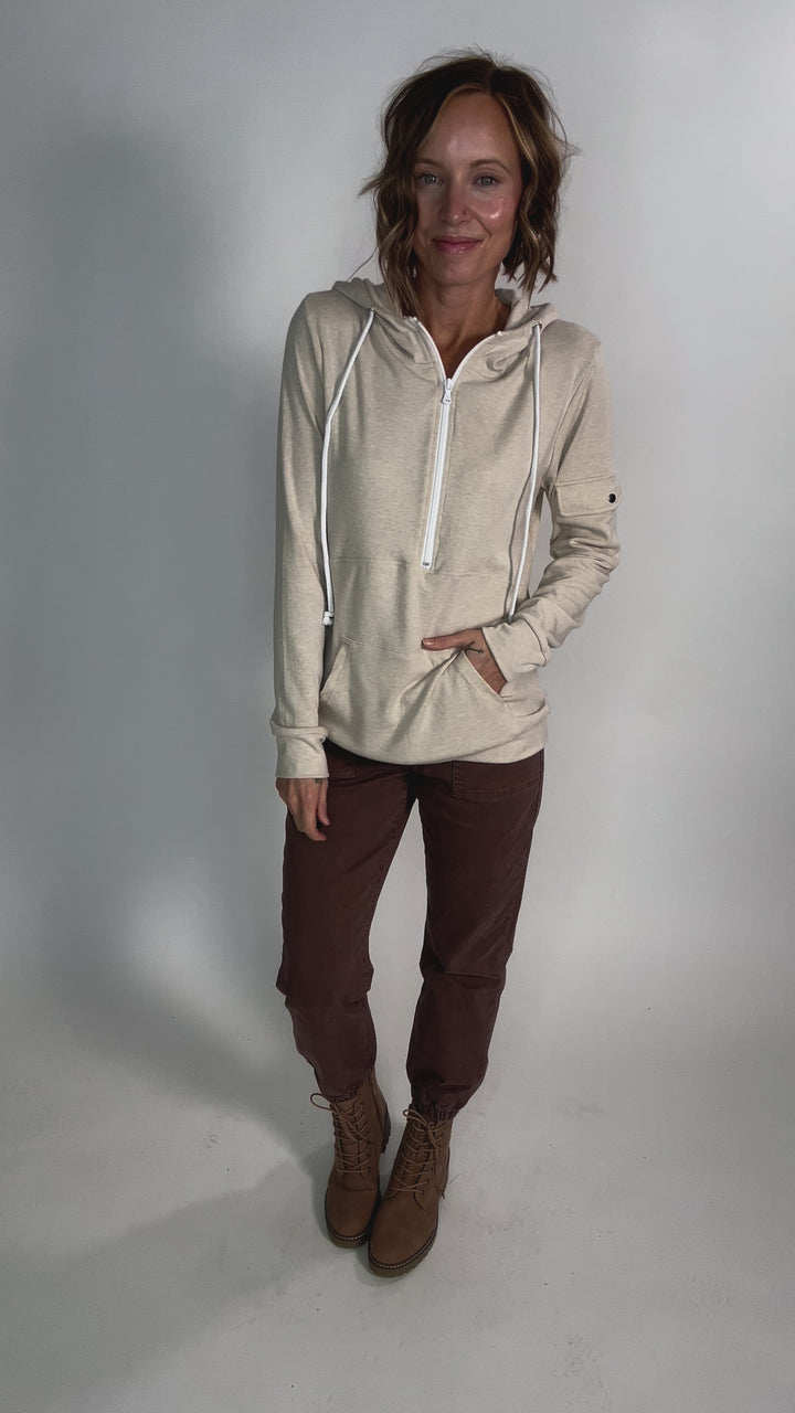 MICHELLE MAE Pixie Pocket Halfzip Hoodie- OATMEAL-FINAL SALE