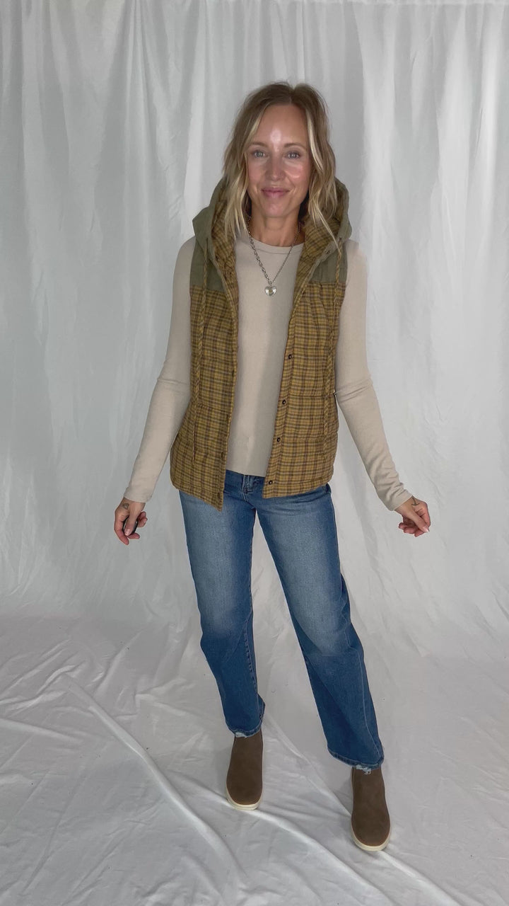 Larissa Corduroy Mixed Plaid Puffer Vest- MUSTARD