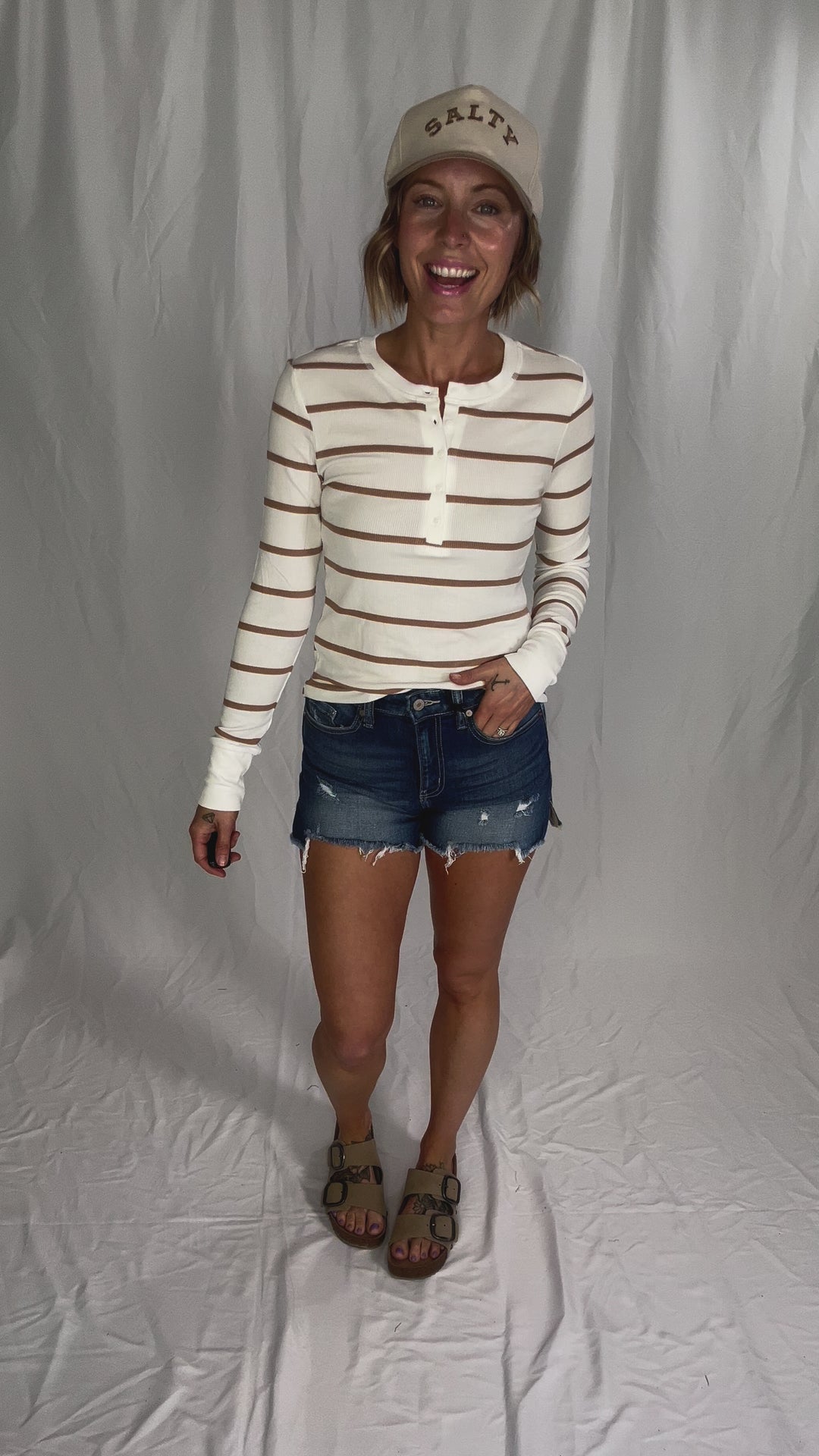 Chleo Classic Ribbed Striped Henley- CARAMEL