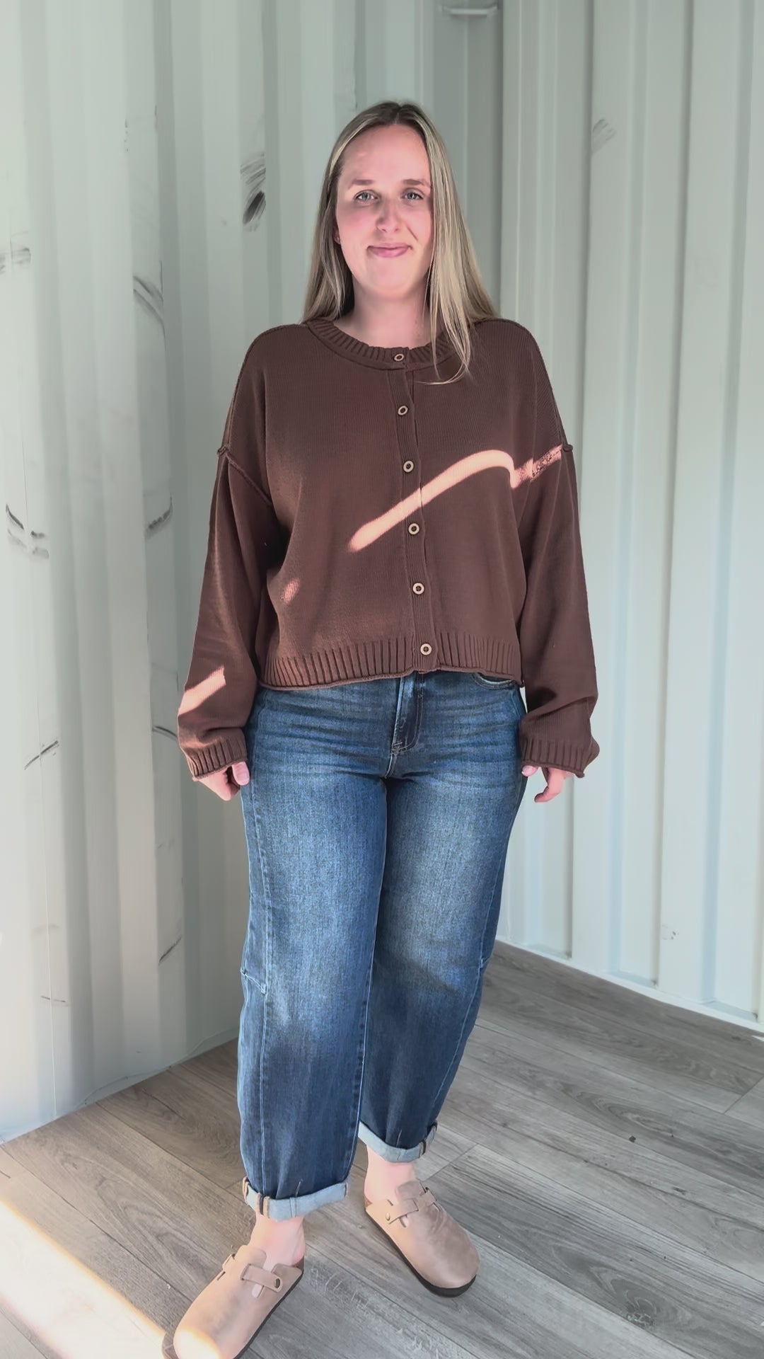 Tristyn Raw Edge Seam Button Down Cardigan- BROWN