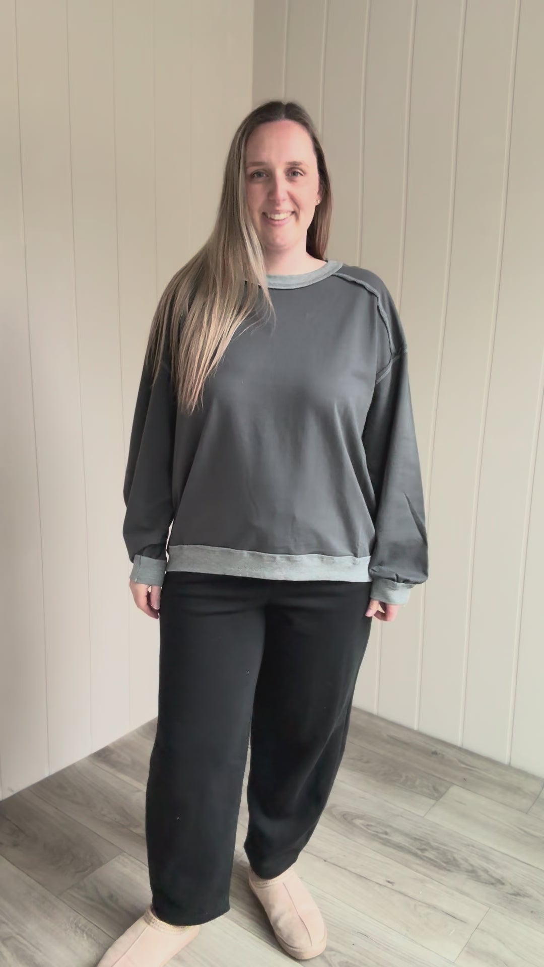 Palina Exposed Seam Contrast Trim Knit Top- CHARCOAL