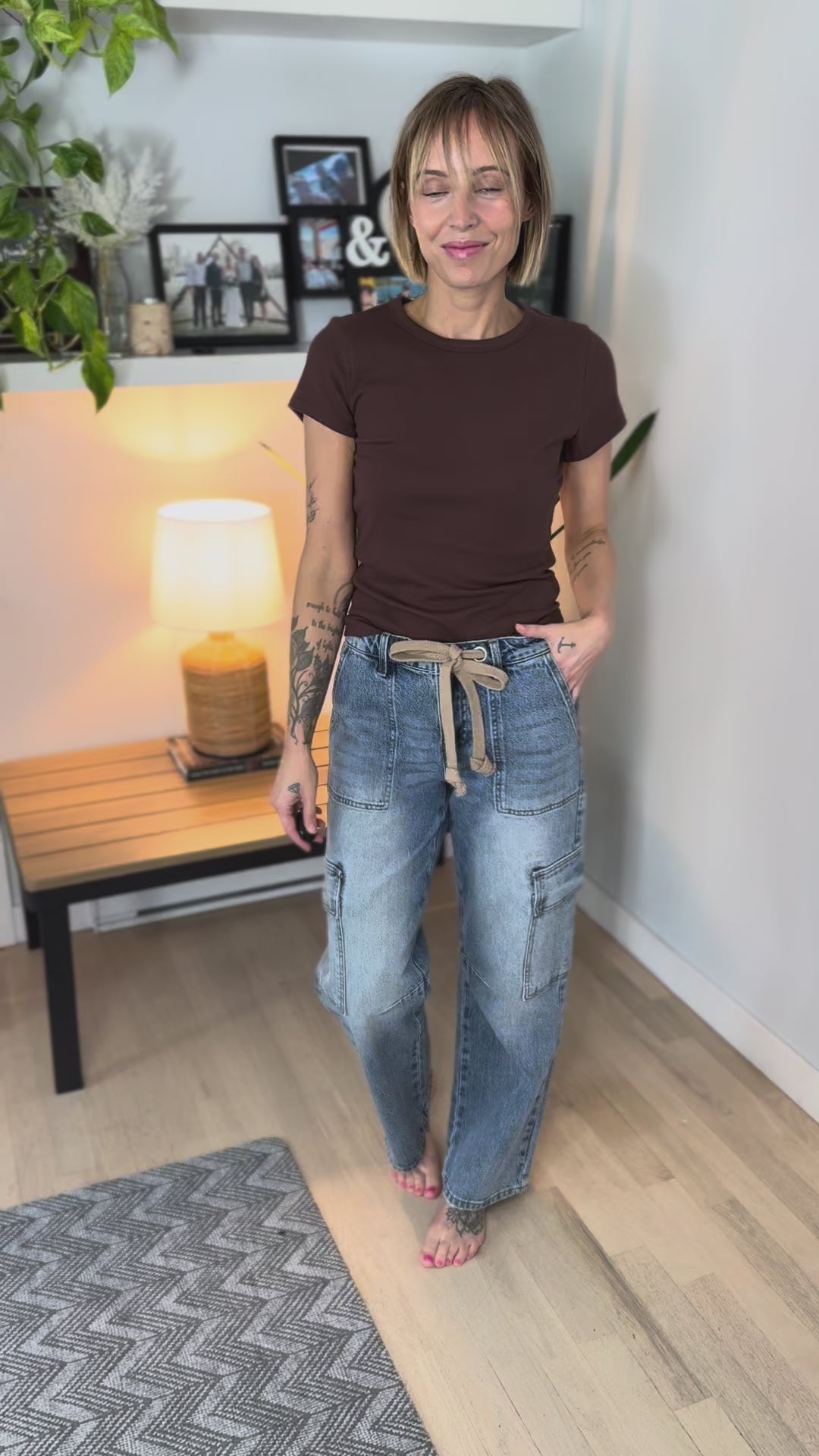 Kancan Premium Glowline Tie Waist Cargo Jeans- MEDIUM WASH