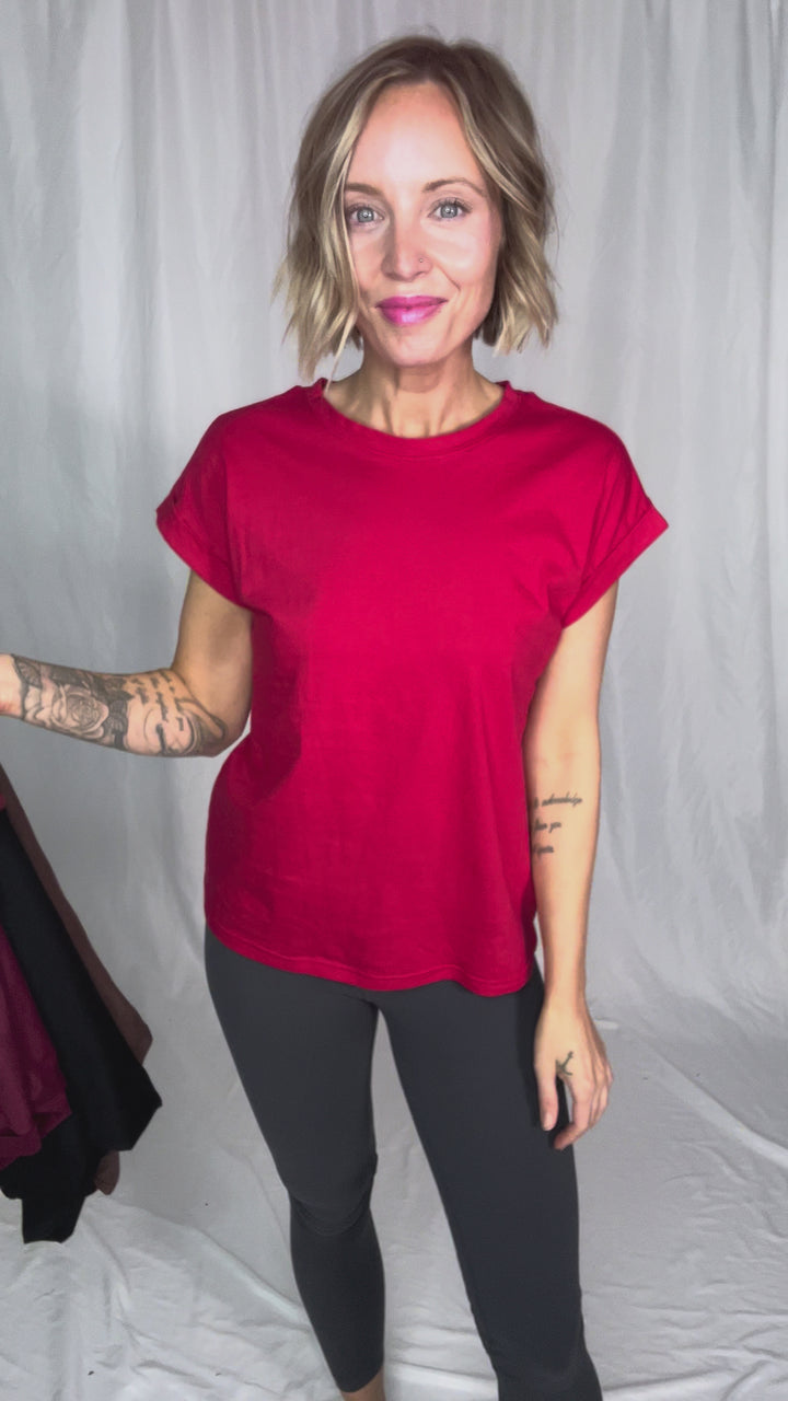 Edna Cotton Folded Sleeve T-Shirt- RUBY