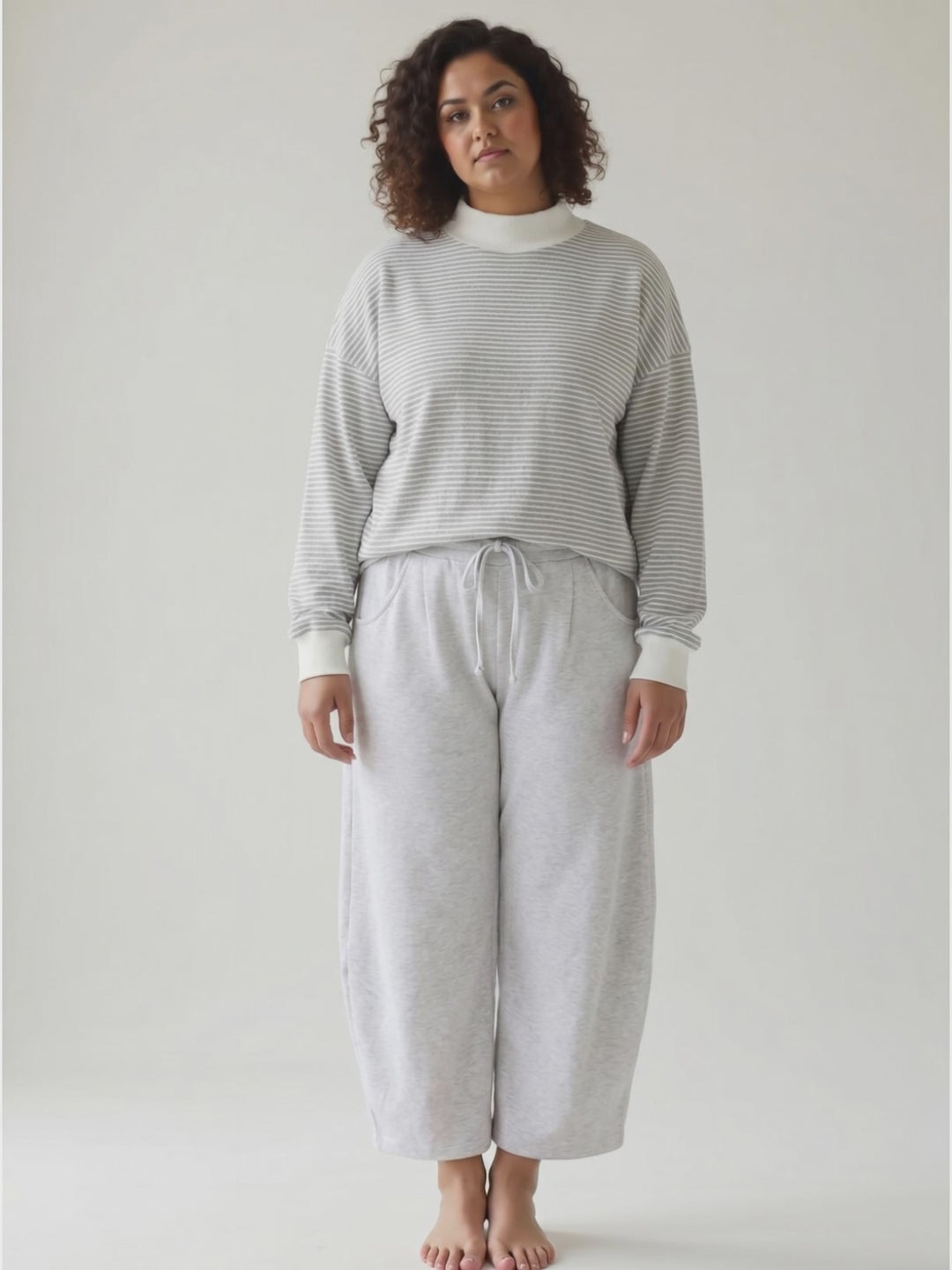 Annika Mock Neck Stripe Sweatshirt Top- HEATHER GREY