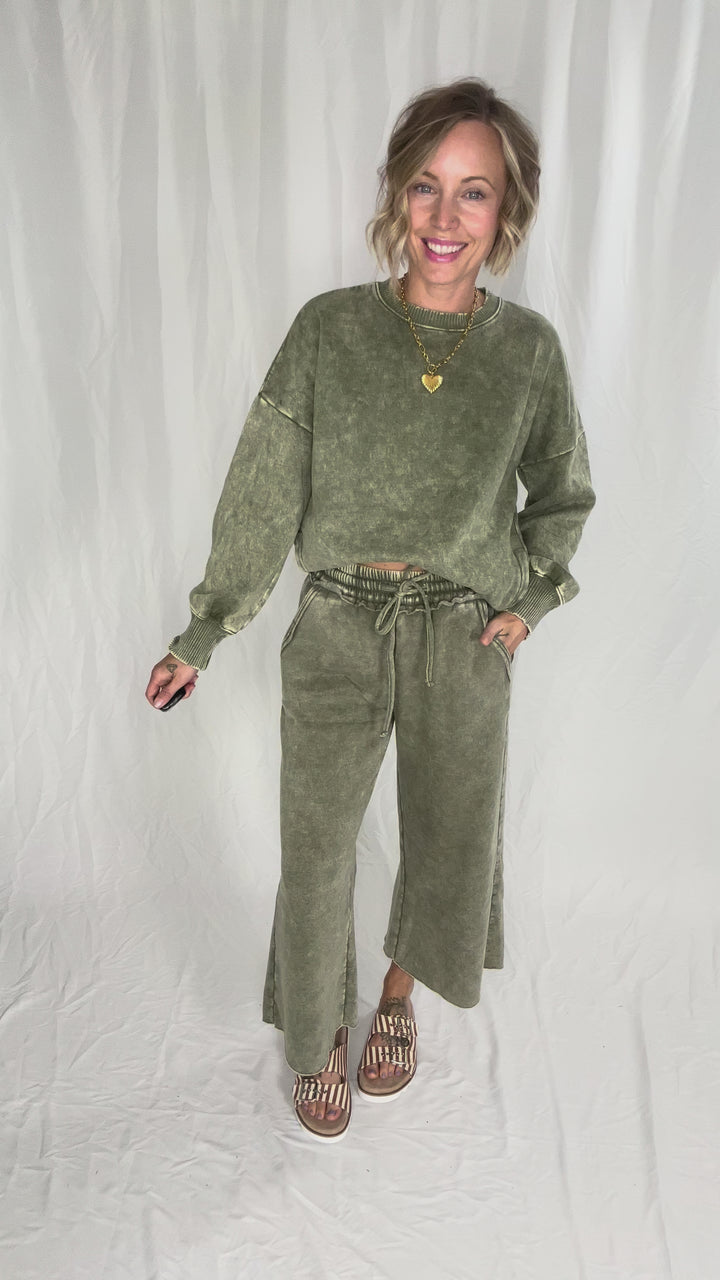 Caslo Acid Wash Fleece Palazzo Sweats- LT OLIVE