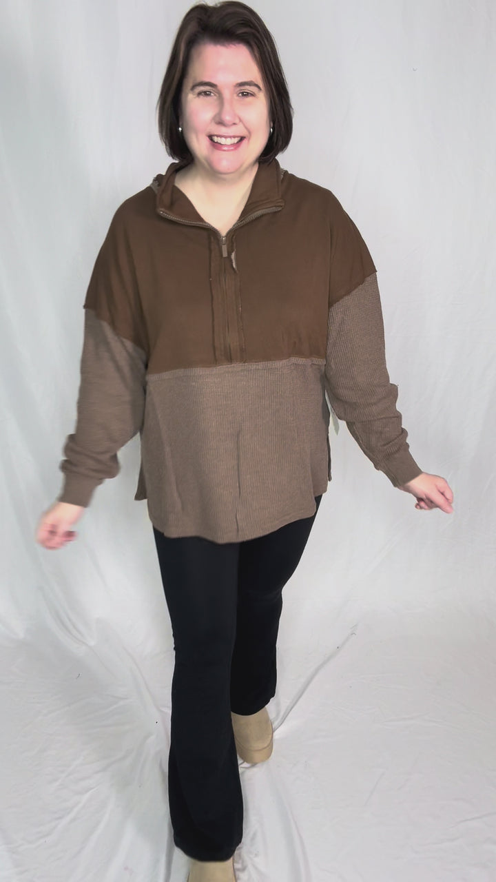 Arwen Waffle 1/4 Zip Pullover- ESPRESSO