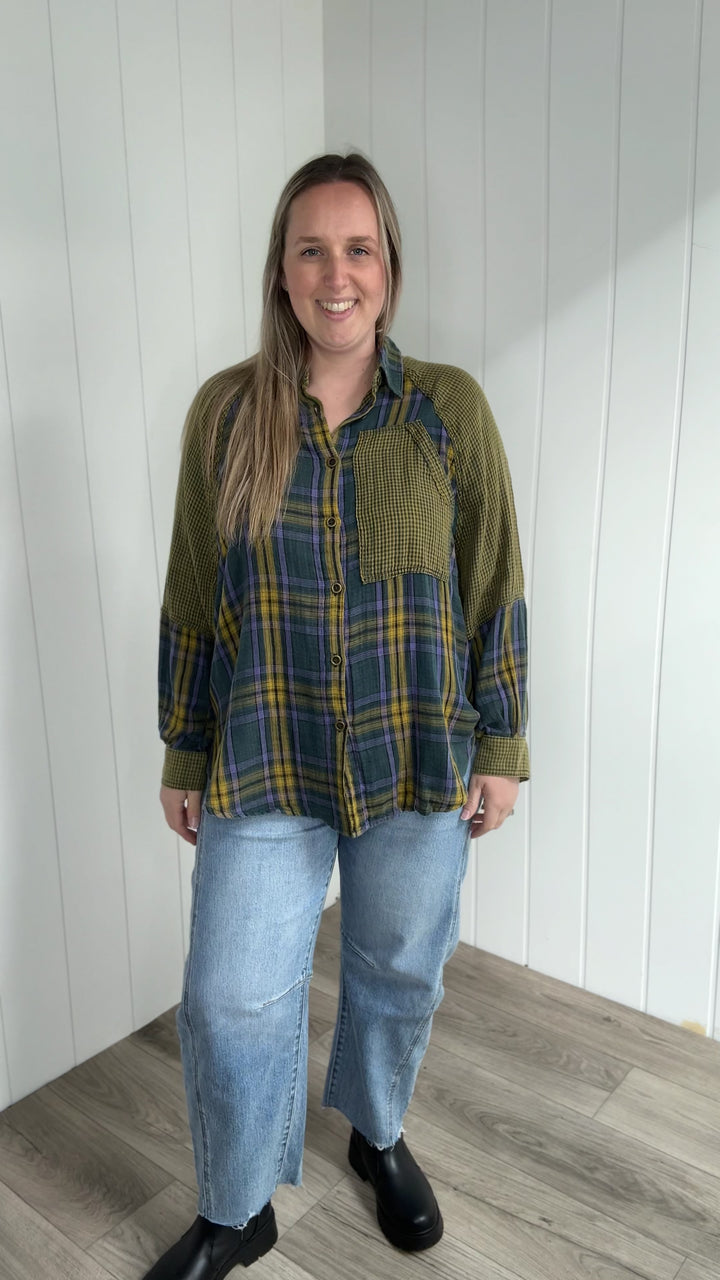 Finn Plaid Mix Cotton Tunic- TEAL GREEN