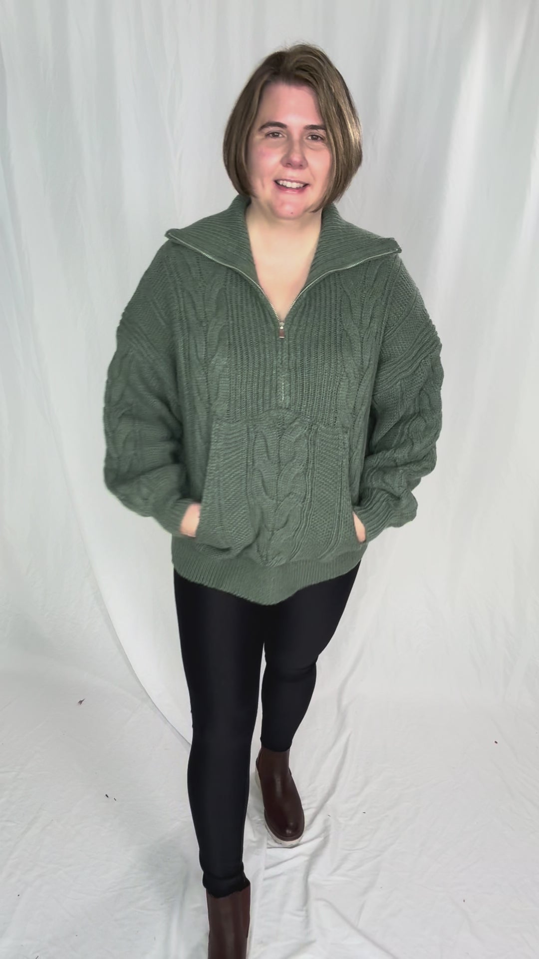 Kiki Cable Kint 1/2 Zip Sweater- SAGE