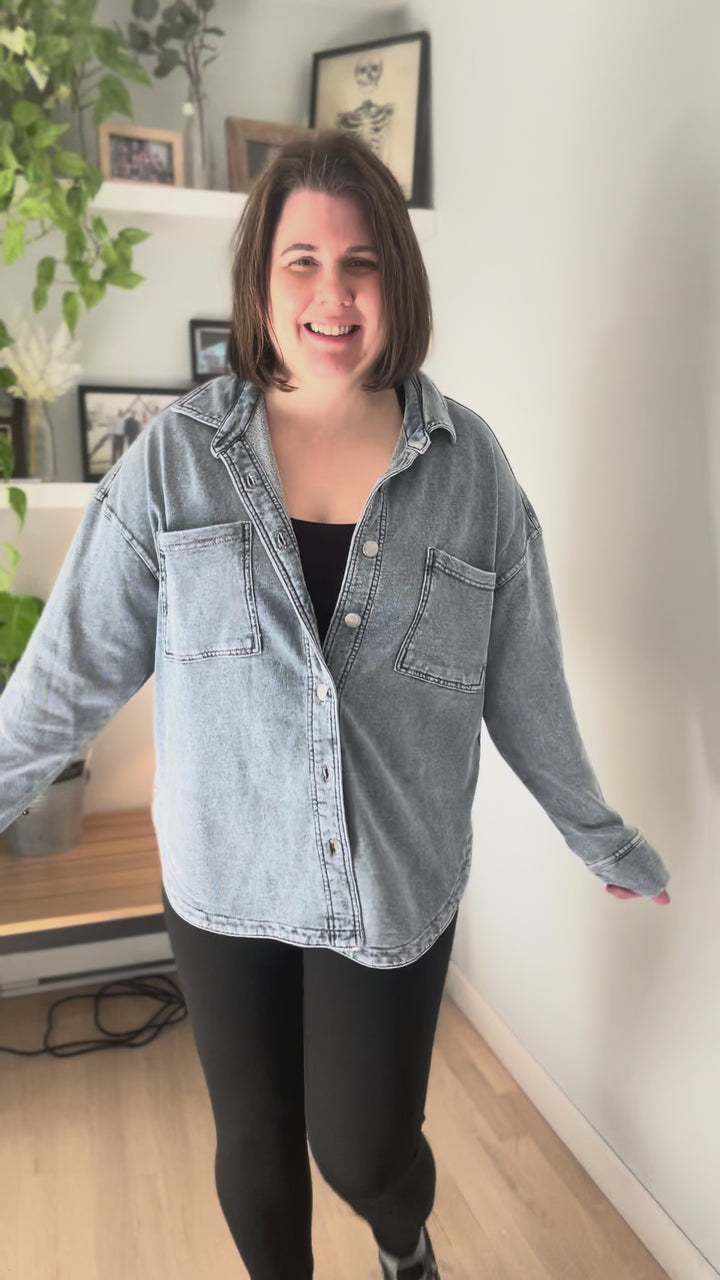 Grace Soft Terry Washed Shacket- LIGHT DENIM