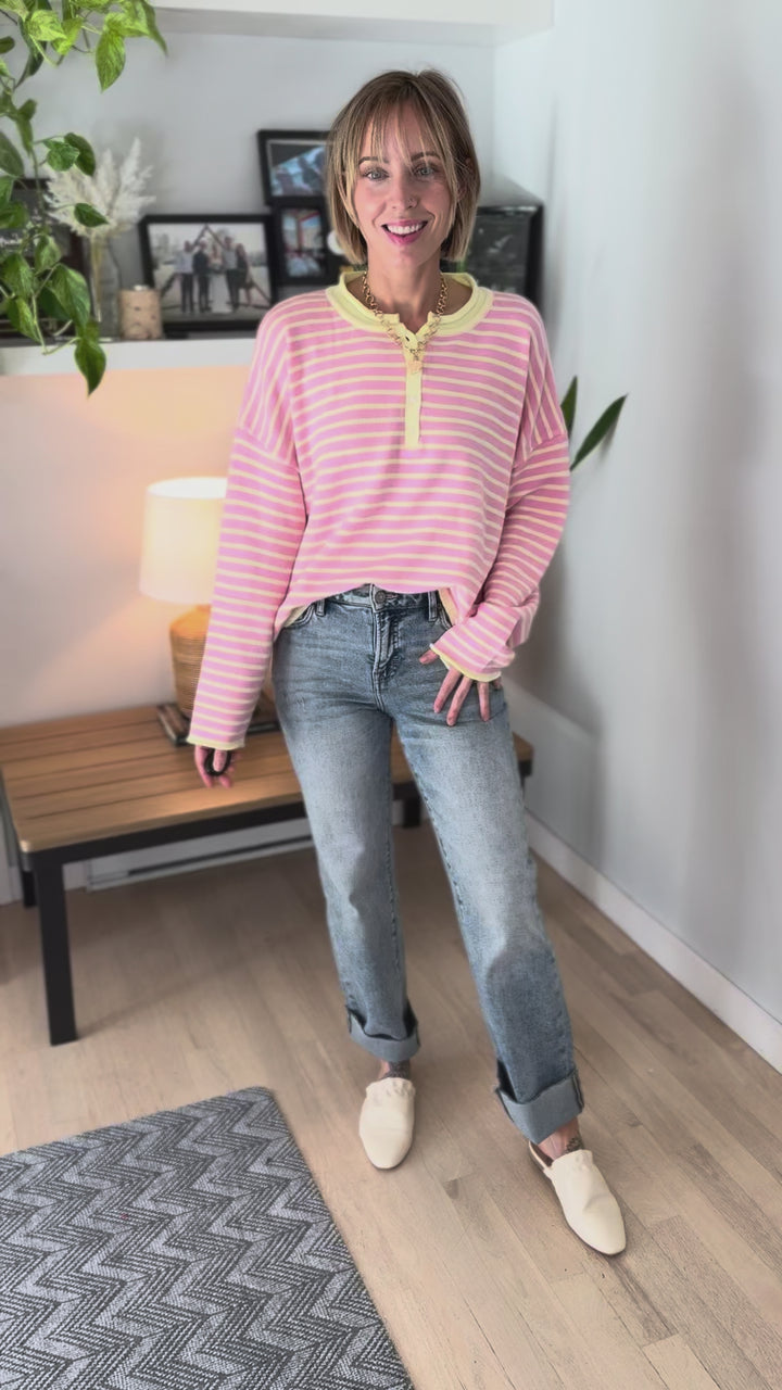 Ferryn Stripe Henley Sweater- PINK/LEMONADE