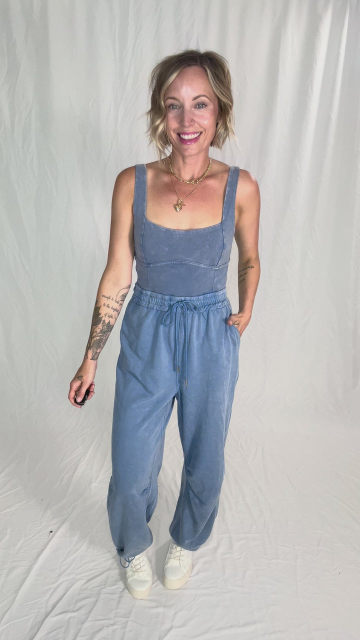 Farrah Mineral Wash Drawstring  Jumpsuit- DENIM