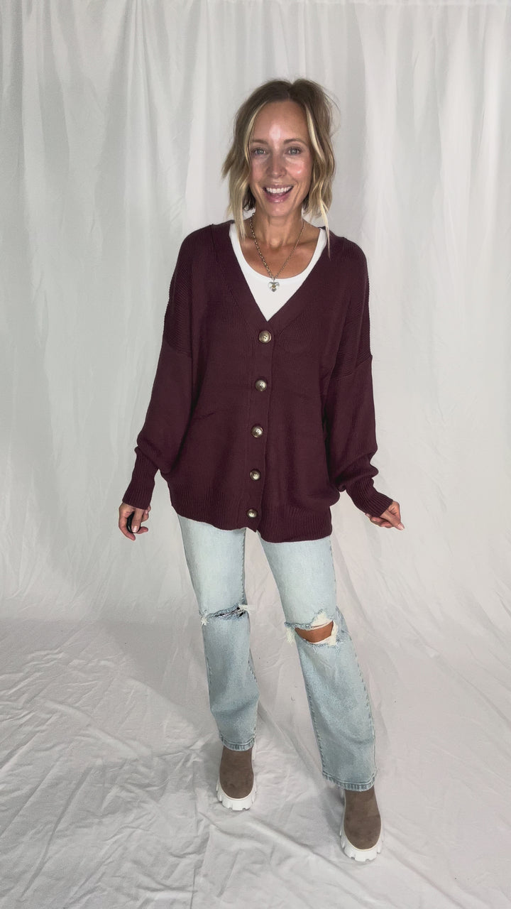 Oli Oversized Cotton Button Down Cardigan- PLUM