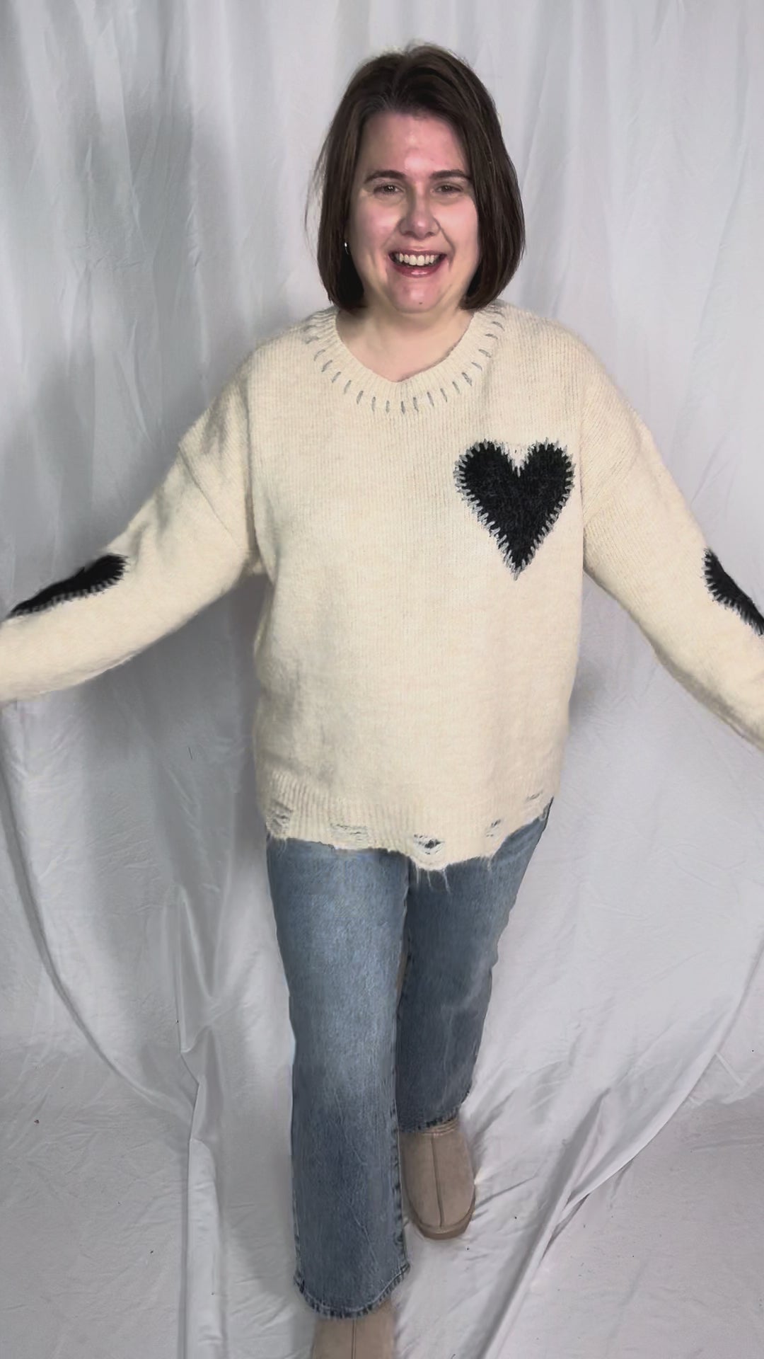 Cherish Distressed Heart Sweater- OATMEAL