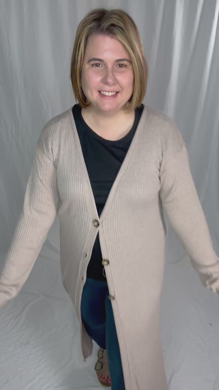 Railey Long Line Button Front Cardigan- BEIGE