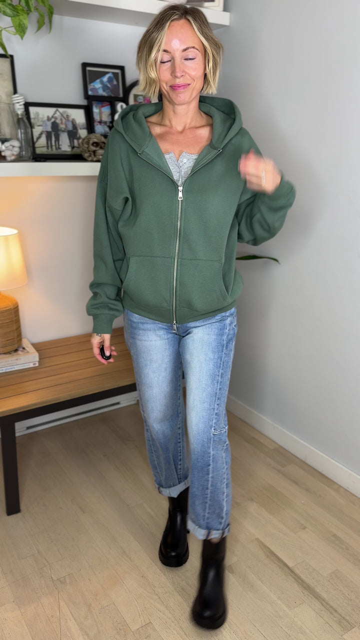 MONO B Slow Morning Fleece Zip Up Hoodie- EUCALYPTUS