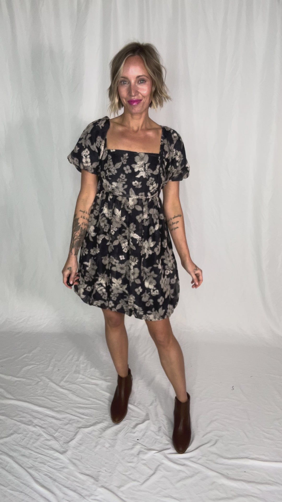Margaret Floral Bubble Dress- SLATE NAVY