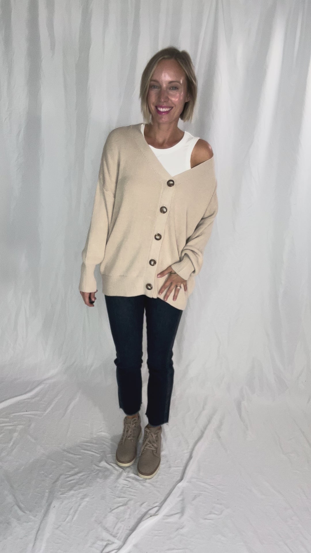 Oli Oversized Cotton Button Down Cardigan- CREAM