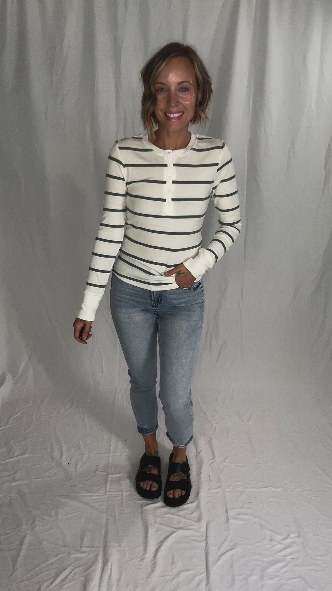 Chleo Classic Ribbed Striped Henley- SPRUCE