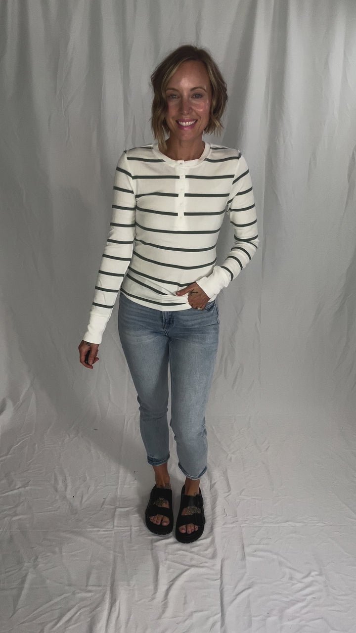 Chleo Classic Ribbed Striped Henley- SPRUCE