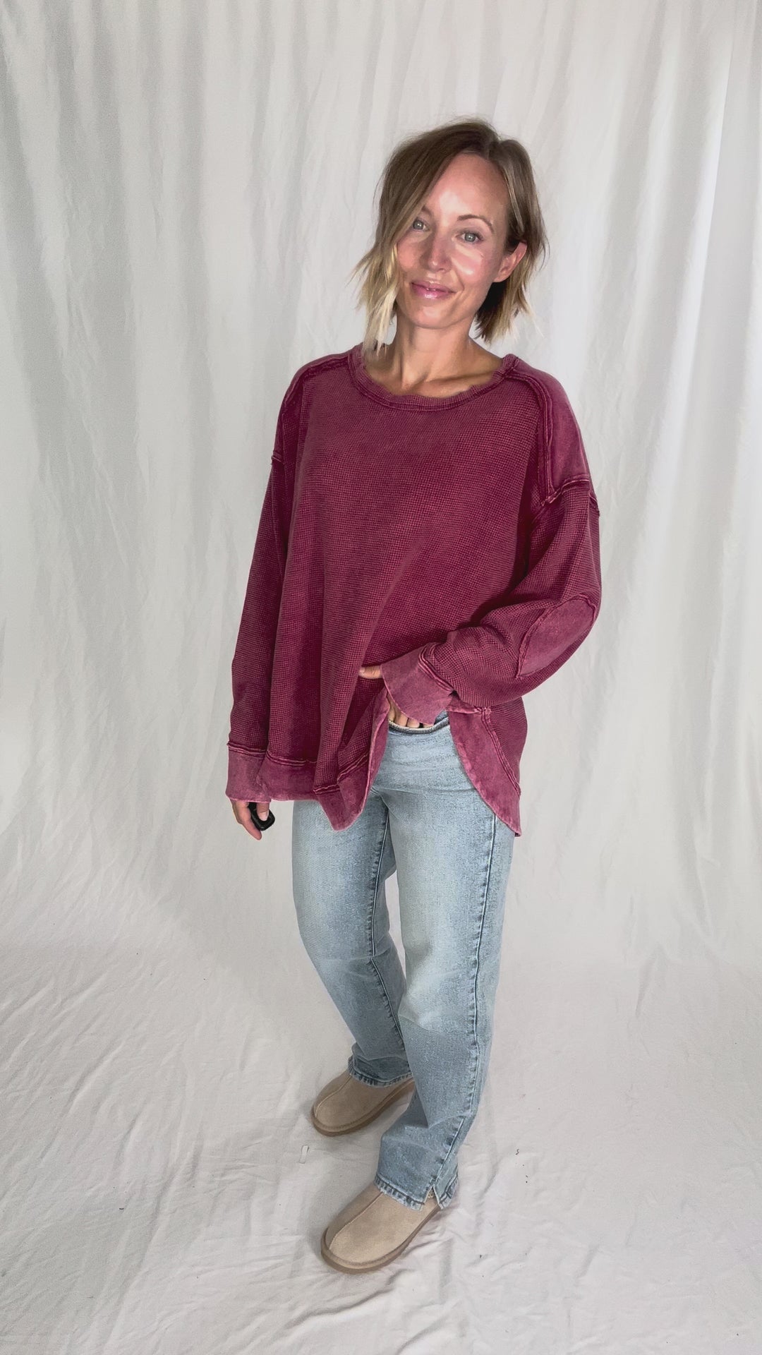Jenna Long Sleeve Waffle Pullover- BURGUNDY