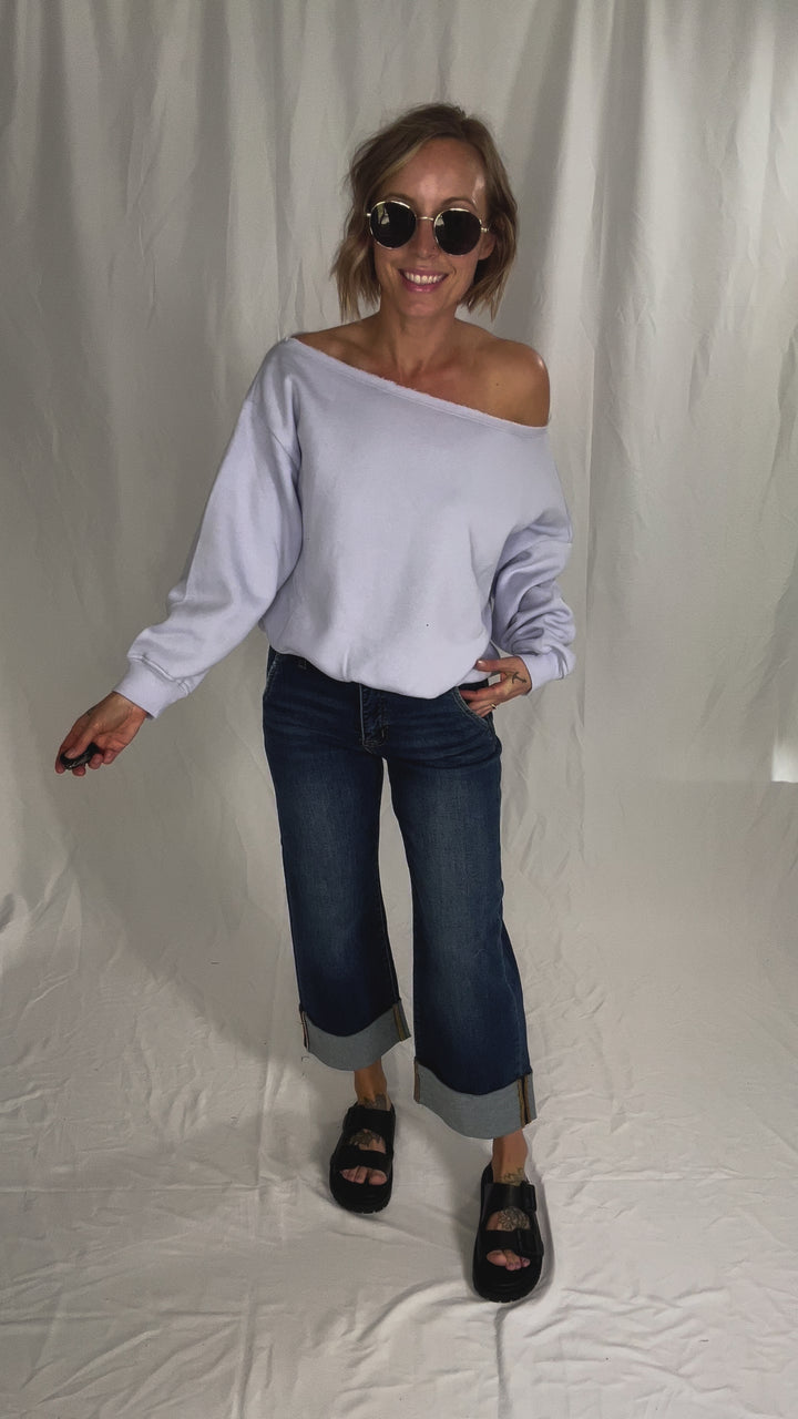 Janice Fleece Off Shoulder Top- IRIS