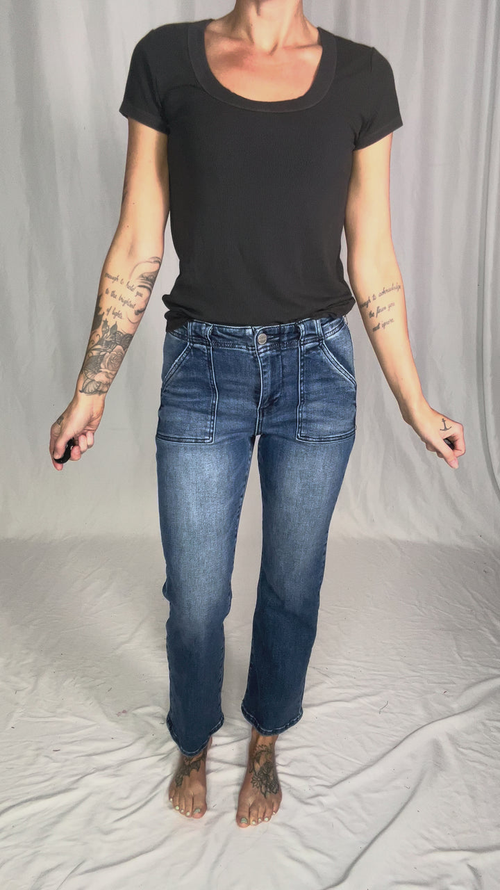 RISEN Groove High Rise Ankle Flare Patch Pocket Jeans- DARK WASH