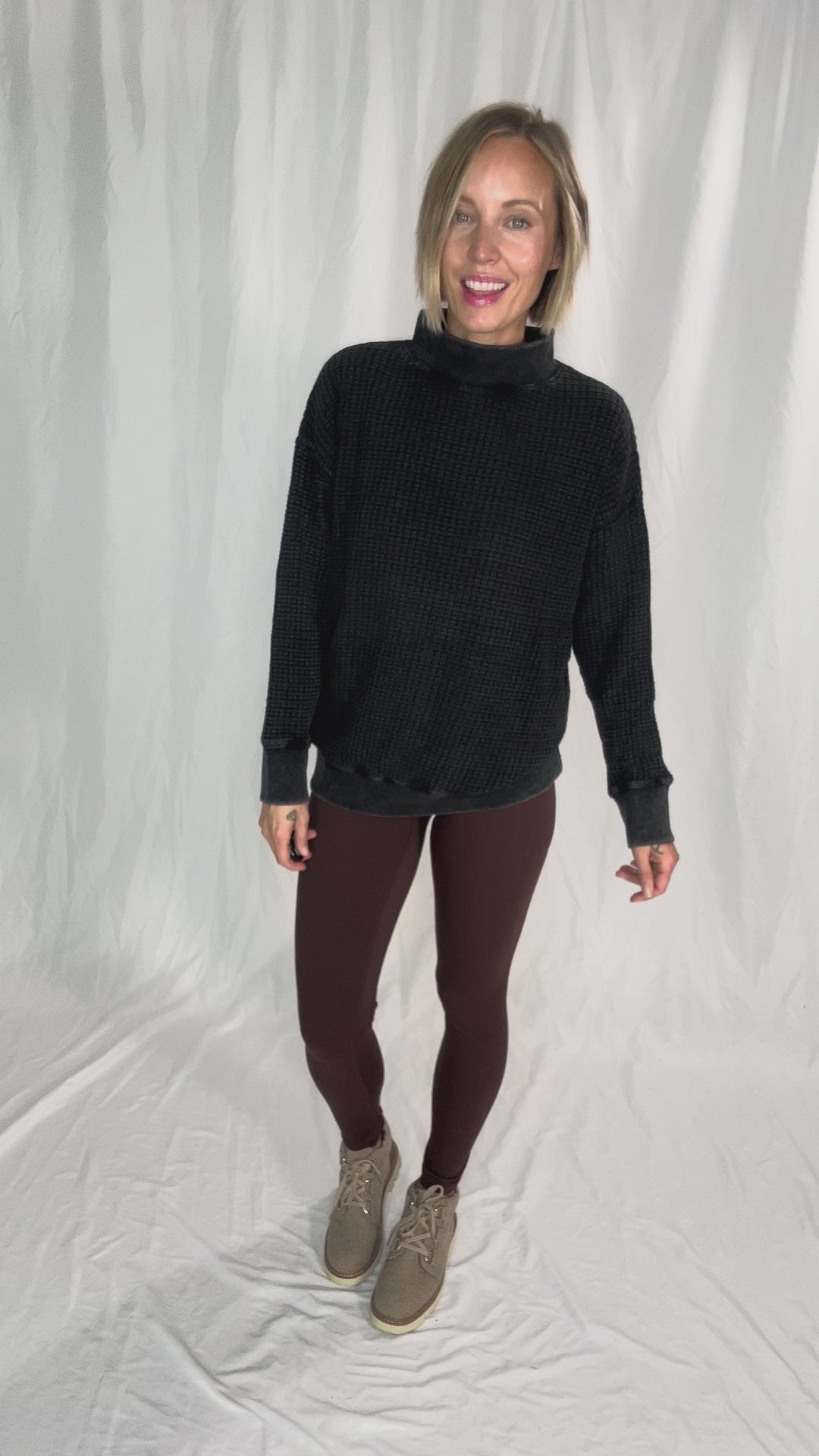 MONO B Trailblazer Chunky Waffle Mock Neck Sweater- BLACK