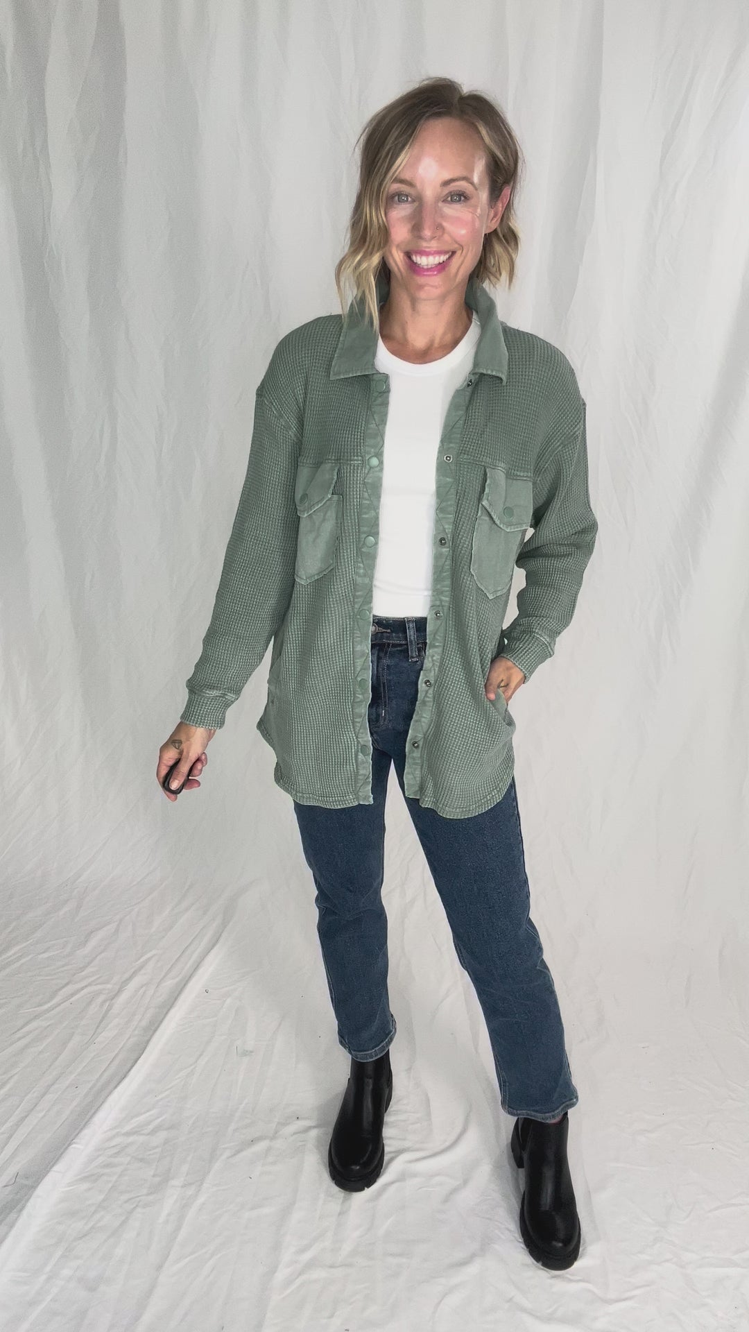 Mono B Marcia Waffle Knit Washed Button Down Jacket- SILKY PINE
