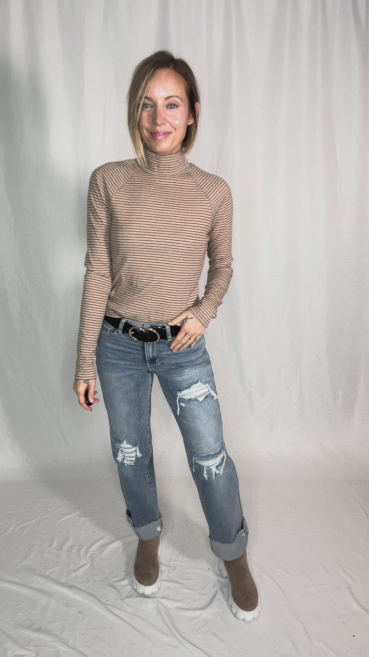 Champagne Kiss Mock Neck Long Sleeve- OATMEAL