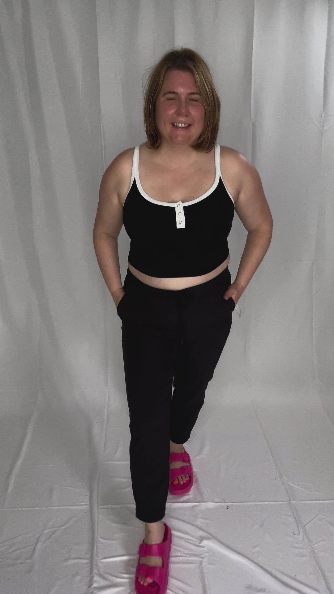 Thea Front Snap Button Contrast Top- BLACK