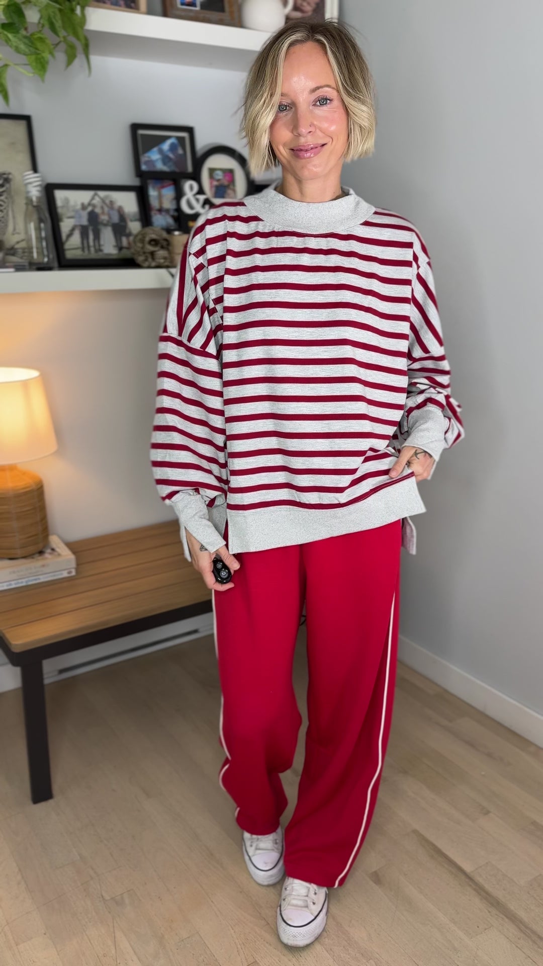 Juniper Mockneck Stripe Pullover- HTHR GREY/RED