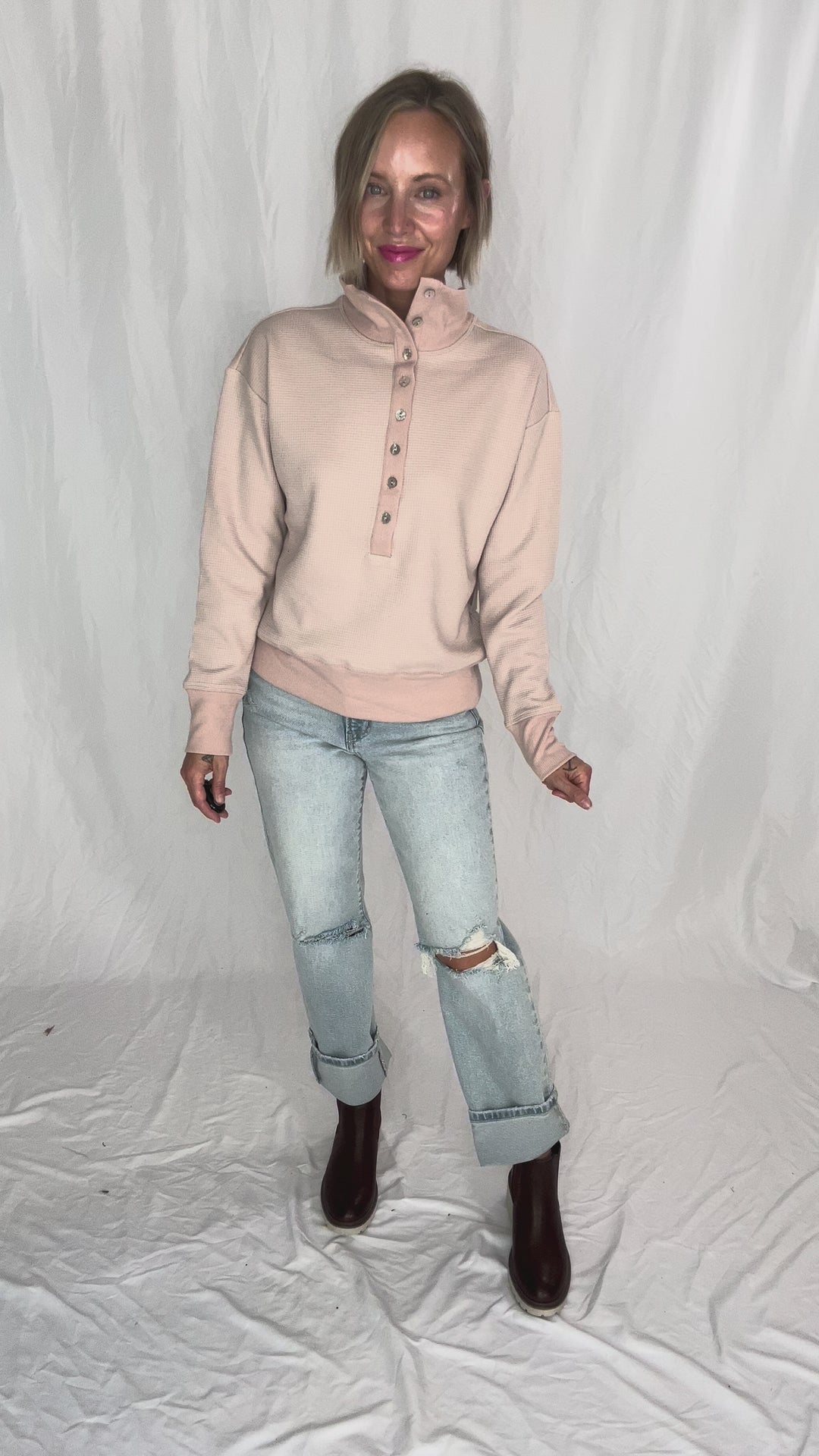 Mono B Nicola Harbor Waffle Knit Half Button Pullover- BLUSH TAUPE