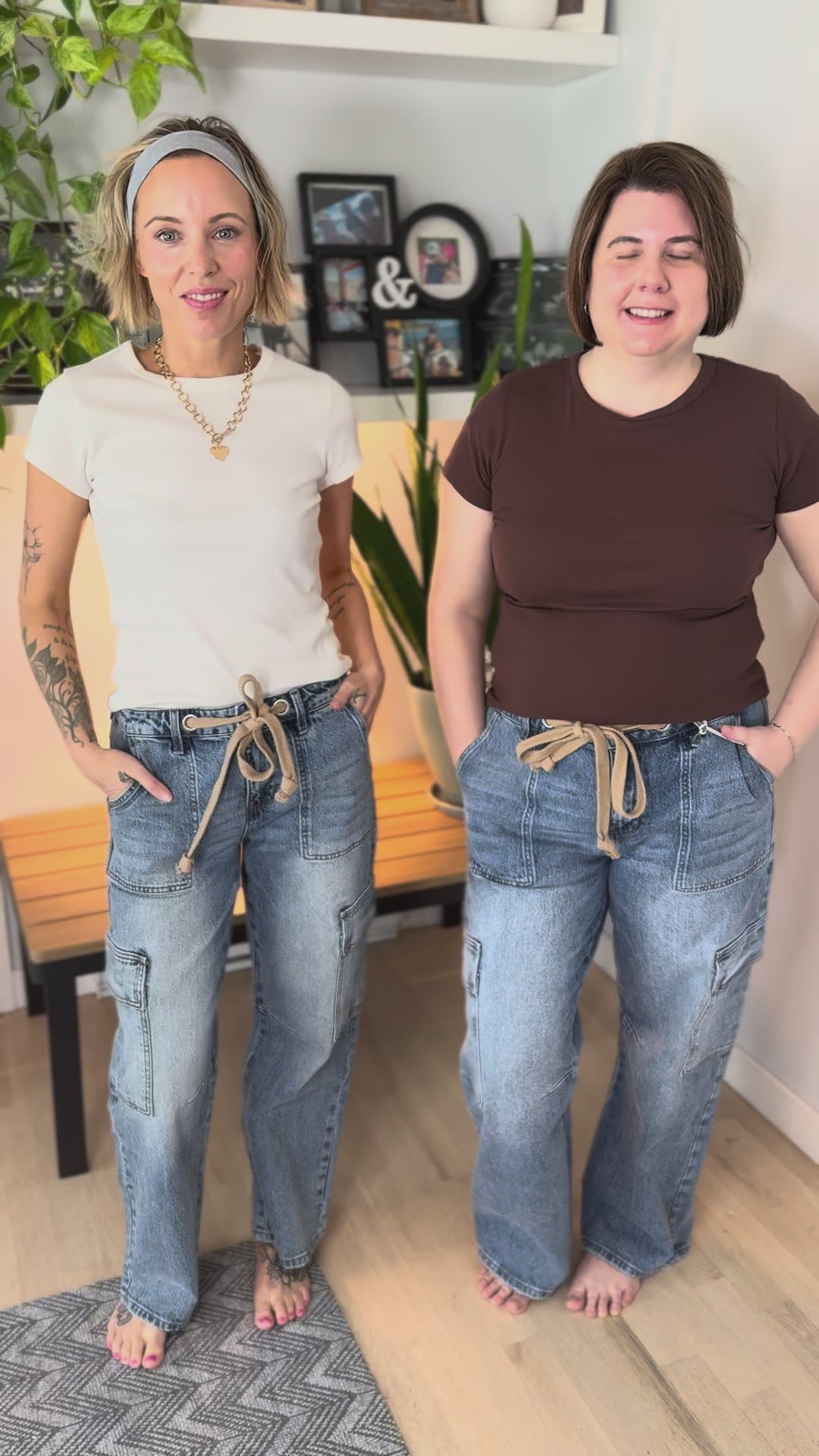 Kancan Premium Glowline Tie Waist Cargo Jeans- MEDIUM WASH