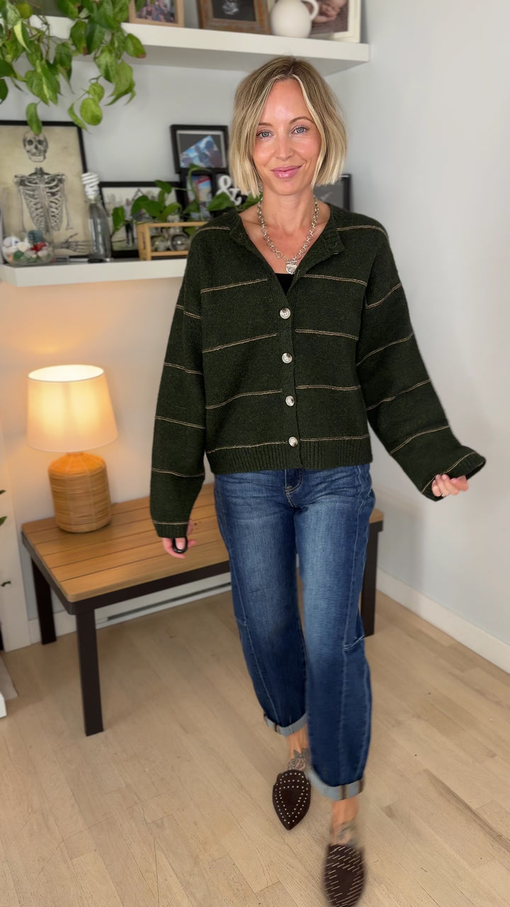 Copper Button Down Cardigan- OLIVE MULTI